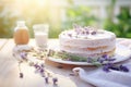 Sponge lavender cream cake with berry cream adorned with a fresh lavender branch on sunny light background. Generative