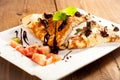 Sponge Pancakes with cheese, fruit, chocolate and mint