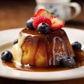 sponge pudding with maple syrup, custard, and berries Royalty Free Stock Photo