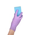 Sponge for washing dishes in female hand. Hand in a latex violet glove isolated on white Royalty Free Stock Photo