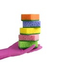 Sponge for washing dishes in female hand Royalty Free Stock Photo