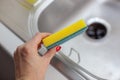 Sponge for washing dishes. Storage ideas, sink in the kitchen.