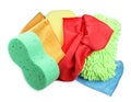 Sponges, cloths and car wash mitt on white background, top view Royalty Free Stock Photo