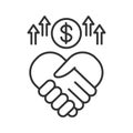 Sponsorship line black icon. Handshake and money. Fundraising vector pictogram. Charity and volunteering symbol. Button for web