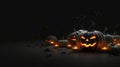 Spooktacular Delights: Happy Halloween Banner with Realistic 3D Black Pumpkins, Cut Scary Smiles, and Flying Bats. created with