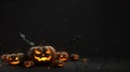 Spooktacular Delights: Happy Halloween Banner with Realistic 3D Black Pumpkins, Cut Scary Smiles, and Flying Bats. created with Royalty Free Stock Photo