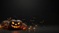 Spooktacular Delights: Happy Halloween Banner with Realistic 3D Black Pumpkins, Cut Scary Smiles, and Flying Bats. created with