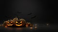 Spooktacular Delights: Happy Halloween Banner with Realistic 3D Black Pumpkins, Cut Scary Smiles, and Flying Bats. created with Royalty Free Stock Photo