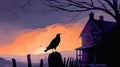 Spooky afternoon scene and raven looking home.Generative AI