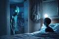 Spooky alien sentient being visits kid in his room at night, illustration, generative AI Royalty Free Stock Photo