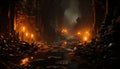 Spooky autumn dusk, dark forest, wet footpath, illuminated lantern generated by AI