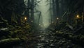 Spooky autumn night, dark forest, mysterious fog, evil lurking generated by AI Royalty Free Stock Photo