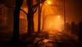 Spooky autumn night, foggy forest, mysterious silhouette, illuminated cityscape generated by AI