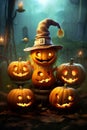 Spooky background or greeting card with Halloween pumpkins Jack-o-lantern. Generated AI Royalty Free Stock Photo