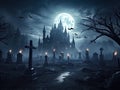 Spooky background with Halloween castle in a graveyard Royalty Free Stock Photo