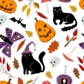 Happy Halloween seamless pattern with scary pumpkins, black cats, moth, bat, skull, potion and autumn leaves. Royalty Free Stock Photo