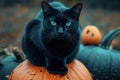 A spooky black cat with glowing green eyes sitting on a pumpkin Halloween Cat on pumpkin Royalty Free Stock Photo