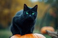 A spooky black cat with glowing green eyes sitting on a pumpkin Halloween Cat on pumpkin Royalty Free Stock Photo