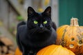 A spooky black cat with glowing green eyes sitting on a pumpkin Halloween Cat on pumpkin Royalty Free Stock Photo