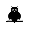 Spooky Black Owl with Round Eyes Silhouette Icon. Cute Wise Night Bird Sitting on Tree Branch Glyph Pictogram. Owl Royalty Free Stock Photo