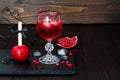 Spooky bloody cocktail and red caramel apple. Traditional dessert and drink recipe for Halloween party. Selective focus. Copy spac