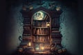 spooky bookshelf filled with mysterious novels and stories