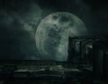 Spooky building with full moon, grunge texture, Halloween backgr