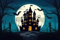 Spooky castle in full moon scenery depicted in vector illustration, evoking Halloween mystique Royalty Free Stock Photo