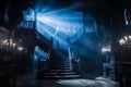 Spooky castle hall interior with stairs under moon light. Generative AI Royalty Free Stock Photo