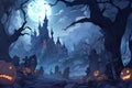 Spooky castle and pumpkins by a graveyard at nigh. Halloween background Royalty Free Stock Photo