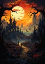 The Spooky Castle in the Woods on a Full Moon Night Royalty Free Stock Photo