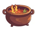 A spooky cauldron boils soup over a flame in October