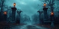 Spooky Cemetery Gate Adorned With Halloween Decorations, Creating A Chilling Atmosphere, Copy Space Royalty Free Stock Photo