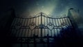 Spooky Cemetery Gates Under a Lightning Storm with Graves