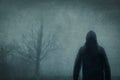 A spooky concept. Of a blurred, hooded figure. Standing in the countryside. On a bleak, moody winters day. With a grainy, texture