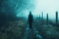 A spooky concept of a ghostly figure walking on a path through a spooky country path on a moody, foggy winters day. With a grunge Royalty Free Stock Photo