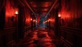 Spooky corridor, dark wood, illuminated by electric lamp generated by AI Royalty Free Stock Photo