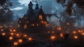 A Spooky Cottage Adorned with Jack-o\'-Lanterns in a Misty Forest Royalty Free Stock Photo