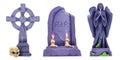 Tombstone grave creepy halloween set, stone grave monument, ancient cross, rock angel statue.