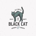 Spooky Creepy Black Cat. Halloween Night Party Sign, Logo or Label Template. Hand Drawn Colorful Cat Sketch Symbol with