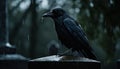 Spooky crow perching on wet branch in tranquil autumn forest generated by AI