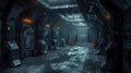 Spooky dark corridor in futuristic spaceship, scary alien spacecraft interior like in scifi movie. Concept of future, space,