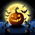 Spooky dark Halloween background. Pumpkins gravestones and bats on background Royalty Free Stock Photo