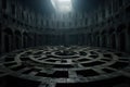 Spooky dark room with stone floor as maze, scary gloomy underground hall. Creepy strange dungeon like in horror movie. Concept of