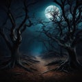 Spooky dark scary dry crooked trees in dark tale