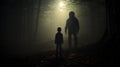 Mysterious Encounter: Child And Man In Silhouette Near Dark Forest