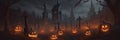 Spooky Digital Illustration, Pumpkins in Graveyard, Frightening Halloween Night, Perfect Backdrop