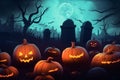 Spooky Digital Illustration, Pumpkins in Graveyard, Frightening Halloween Night, Perfect Backdrop