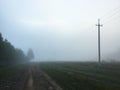 Spooky early misty morning in the countryside. Road going onto the fog Royalty Free Stock Photo