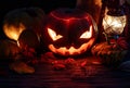 Spooky evil scary pumpkin night horror lantern candle light, happy halloween